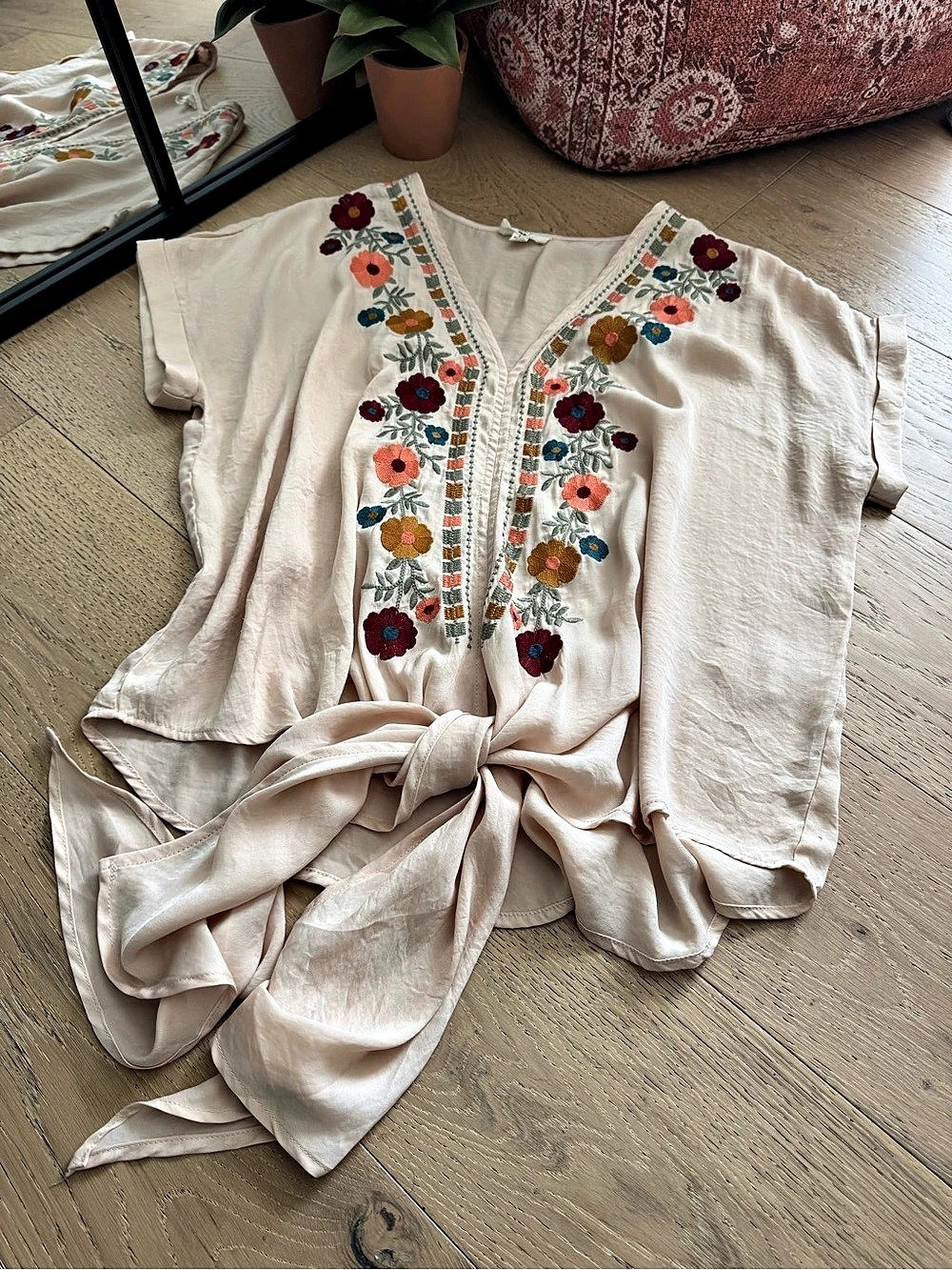 Cream Floral Embroidered Tie-Front Top| Boho Flowy Fall